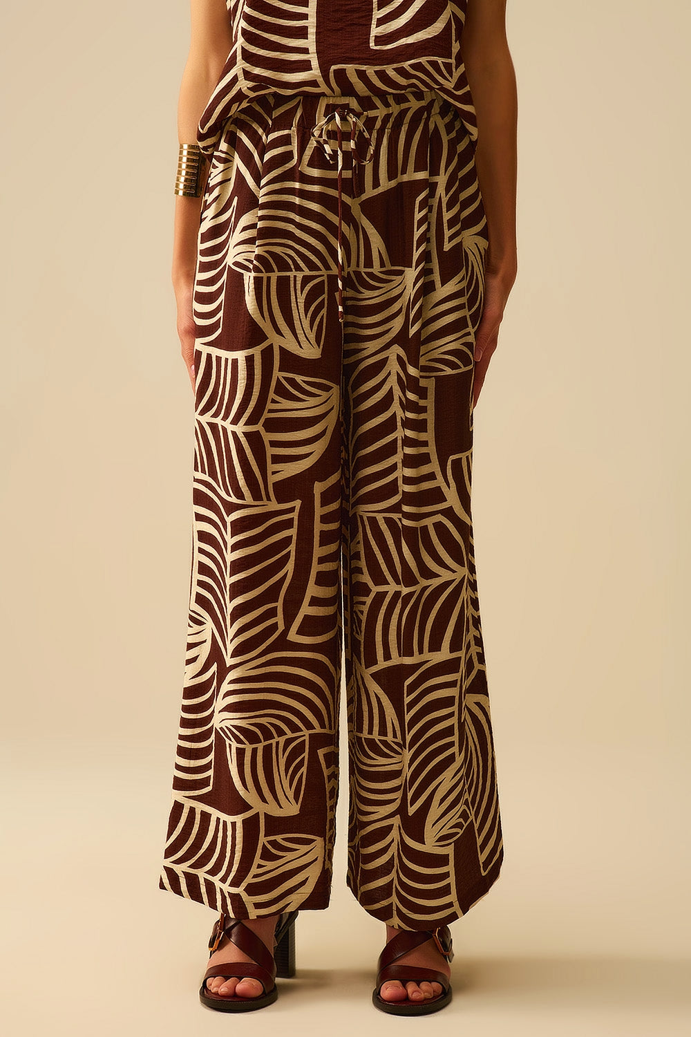 Brown Wide Leg Trousers with White Leaf Print - Pants