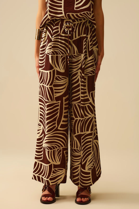 Brown Wide Leg Trousers with White Leaf Print - Pants