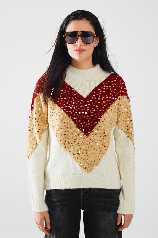 burgundy and beige color block knit sweater with sequin embellishment - Jumpers