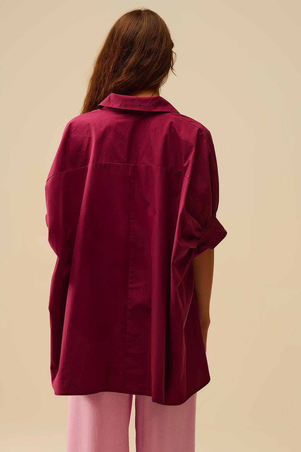 Burgundy Oversized Blouse with Short Sleeve - Shirts