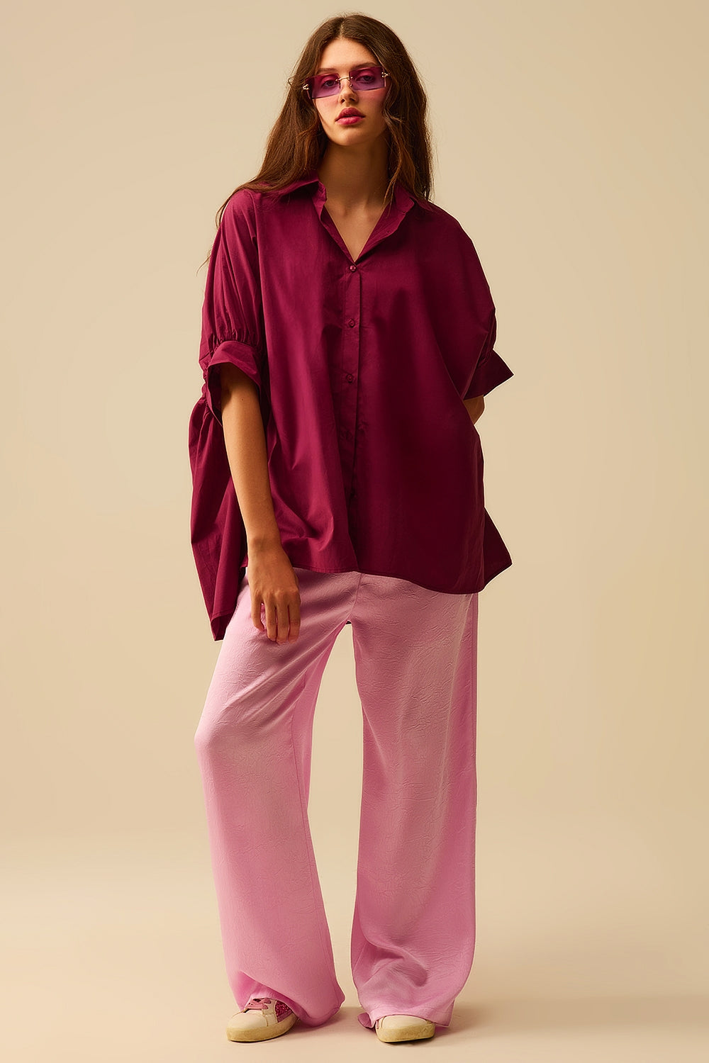 Burgundy Oversized Blouse with Short Sleeve - Shirts