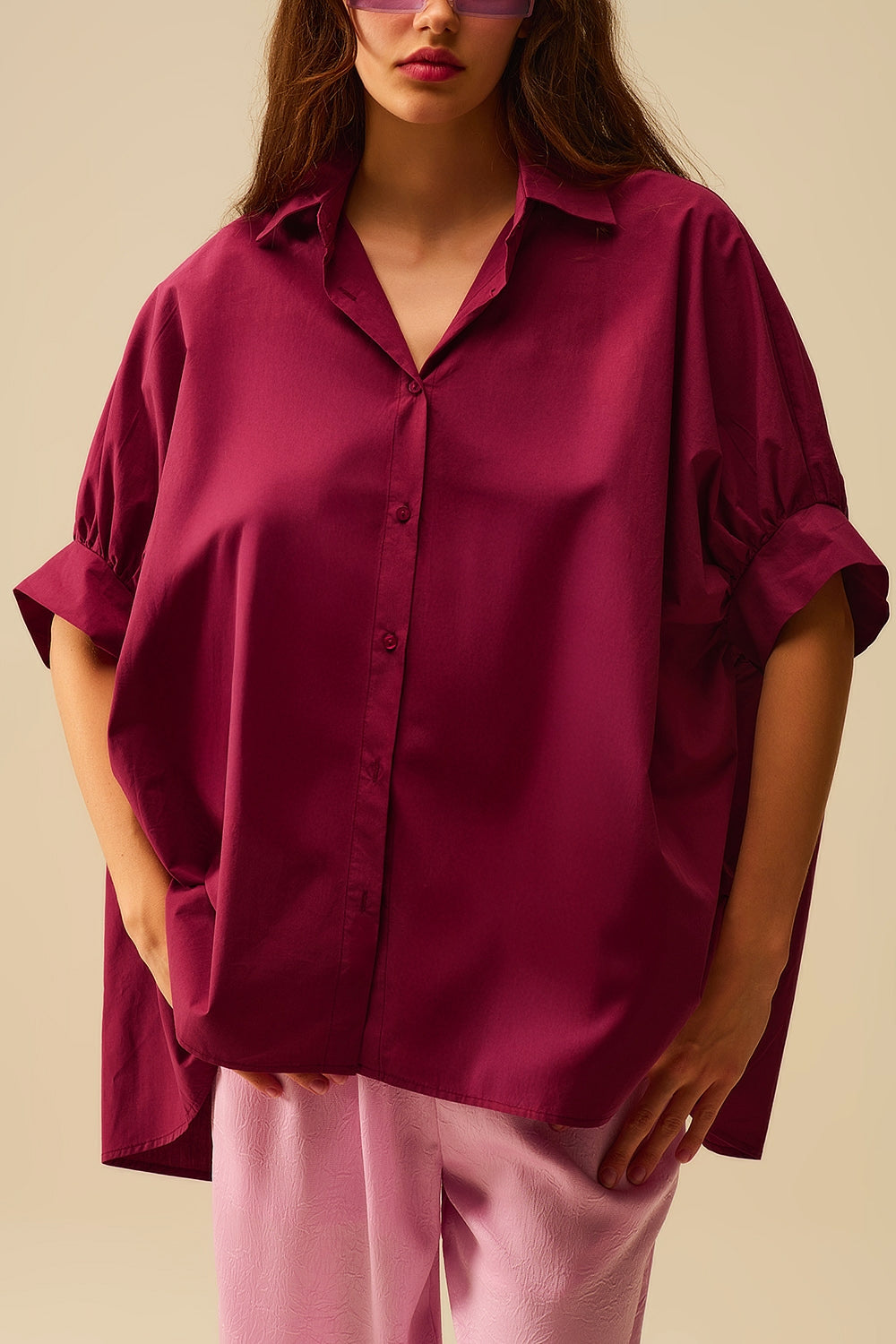 Burgundy Oversized Blouse with Short Sleeve - Shirts