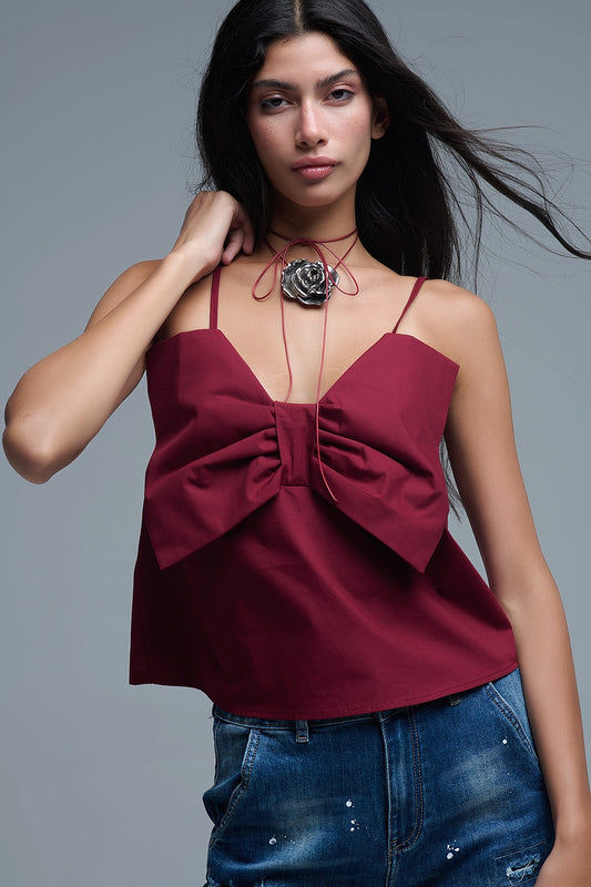 Burgundy poplin crop top with bow detail - Tops