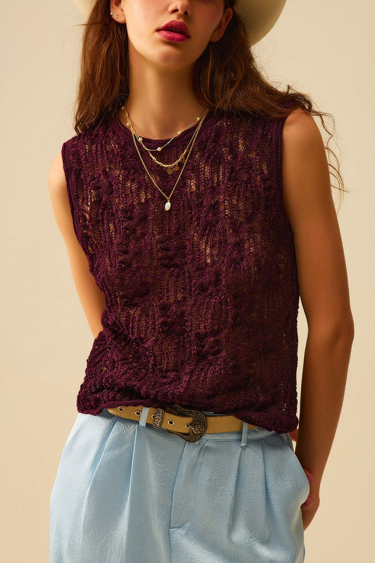 Burgundy Purple Crochet Sleeveless Sweater - Sweaters