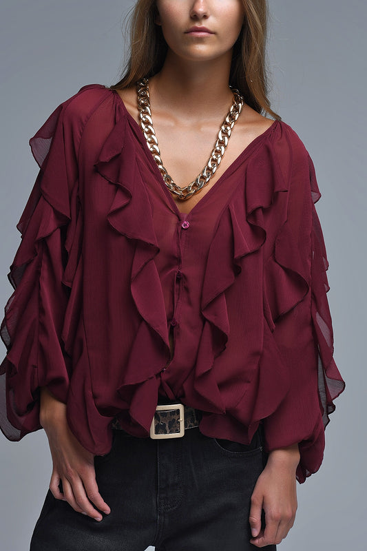 Burgundy V-Neck All Over Ruffle Blouse - Shirts