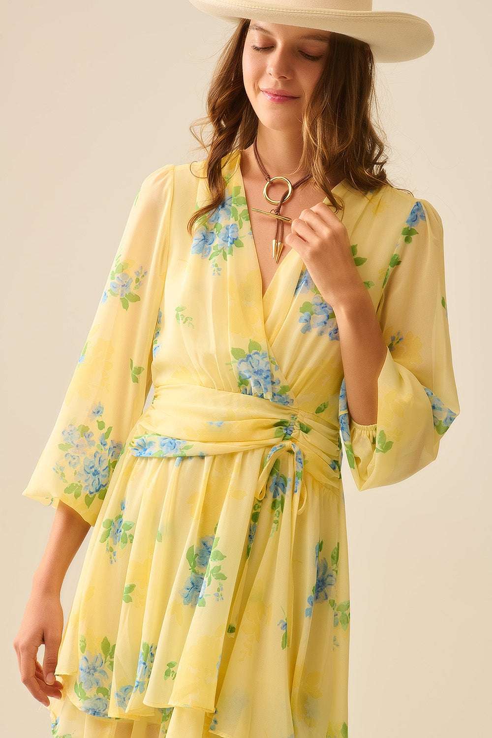 Butter yellow spring mini dress with ruched design - Dresses