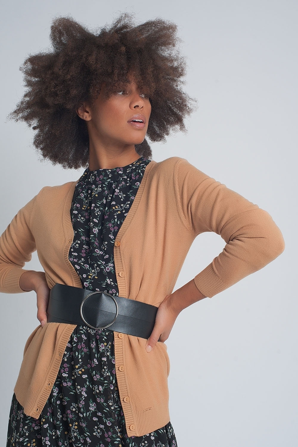 Button front cropped knit cardigan in camel - Cardigans