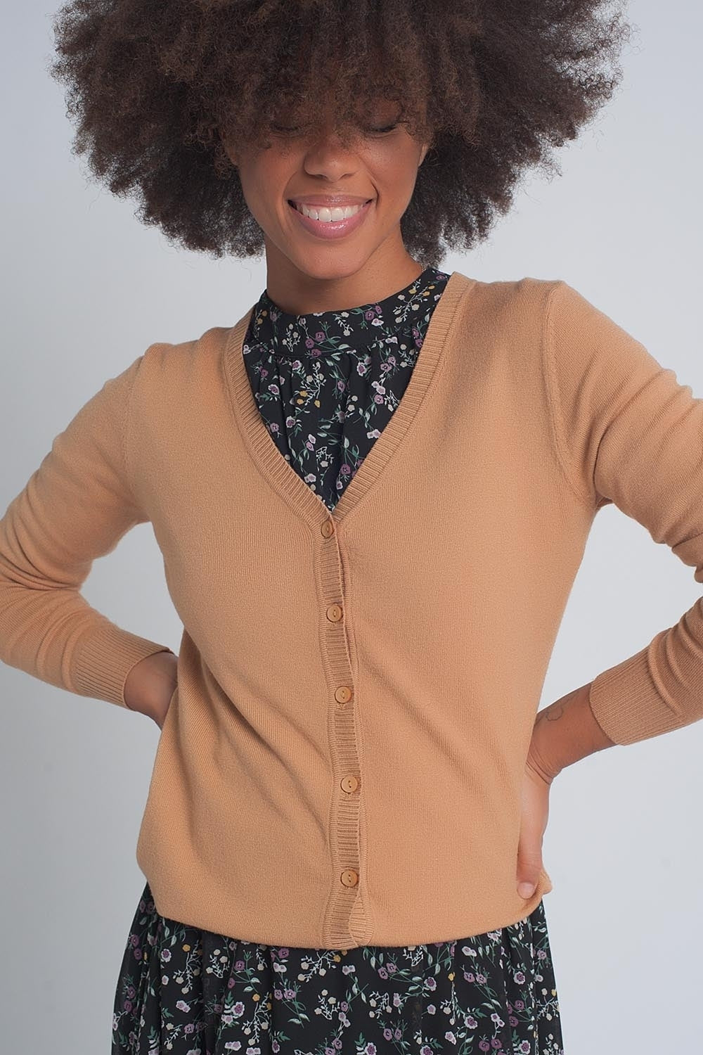 Button front cropped knit cardigan in camel - Cardigans