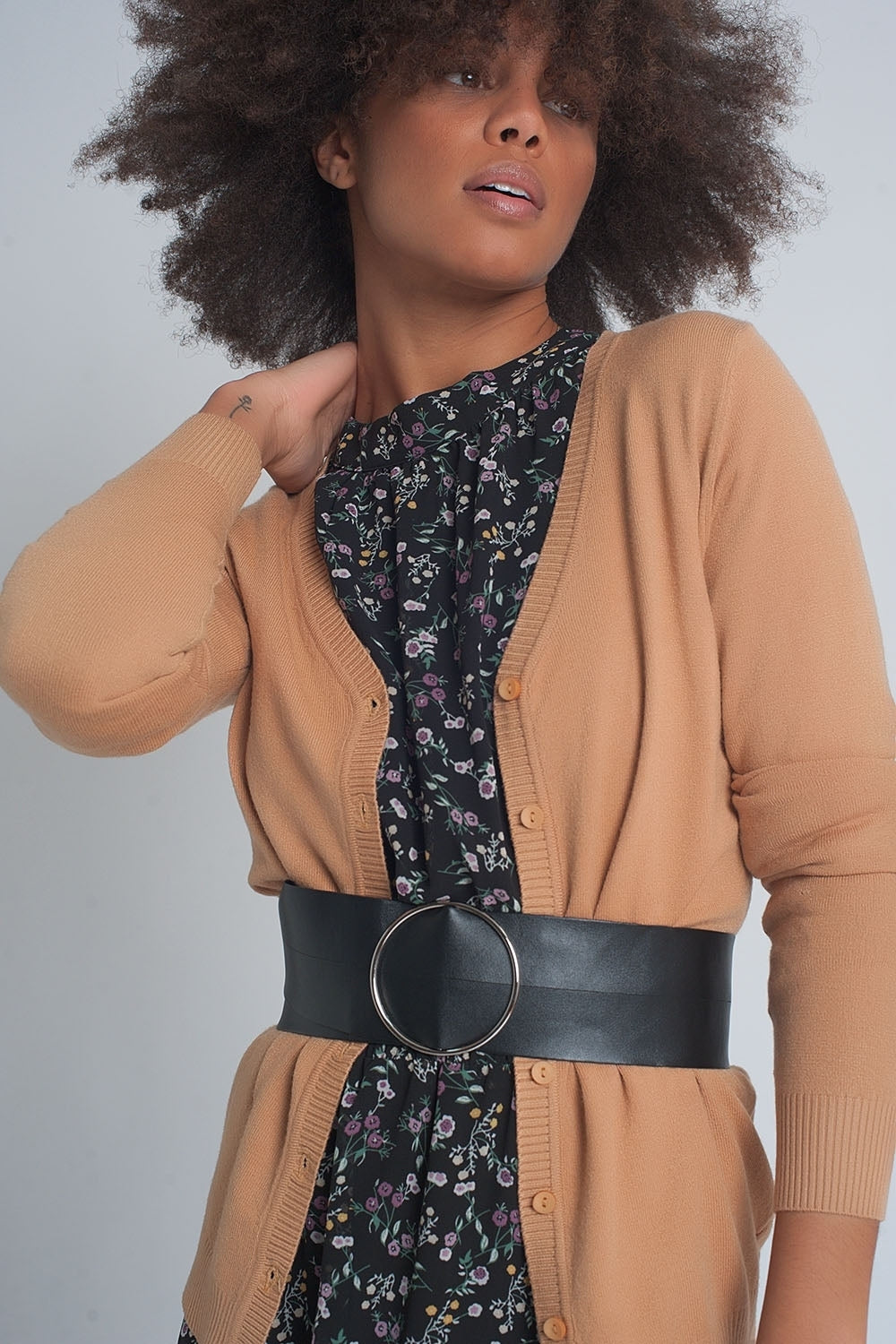 Button front cropped knit cardigan in camel - Cardigans