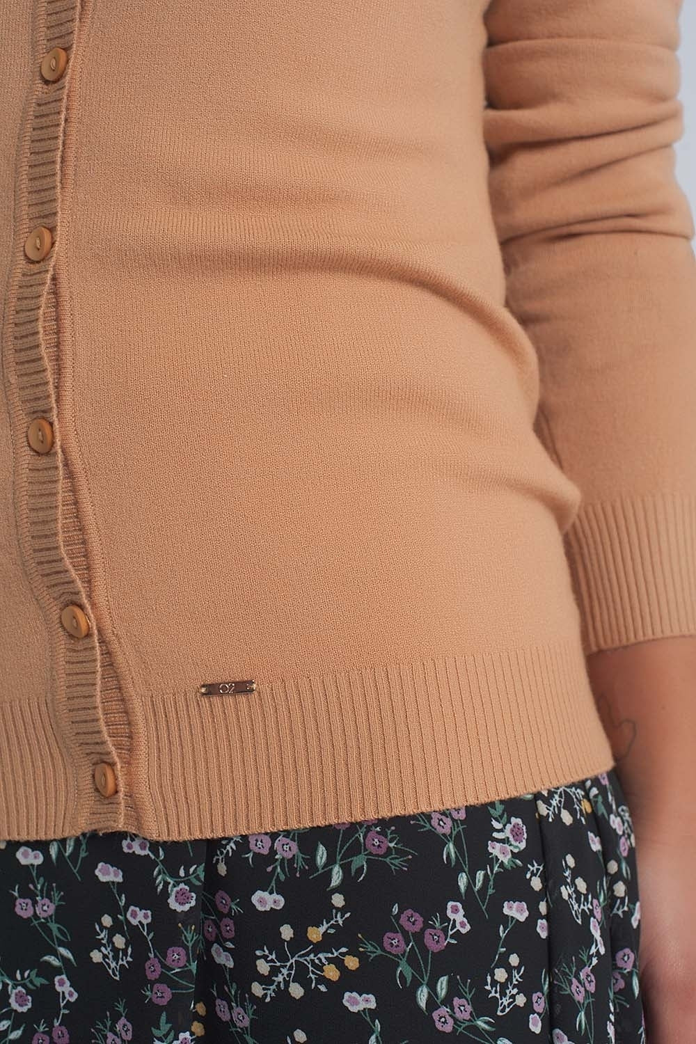 Button front cropped knit cardigan in camel - Cardigans