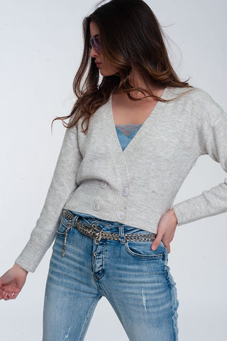 Cardigan de malha cropped com botões na frente em cinza claro