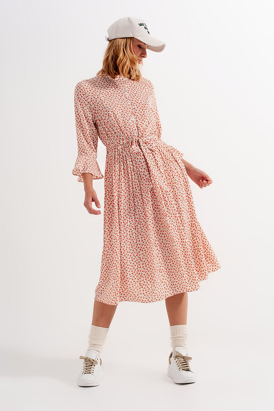 Buttoned midi dress with high collar in floral print coral - Dresses
