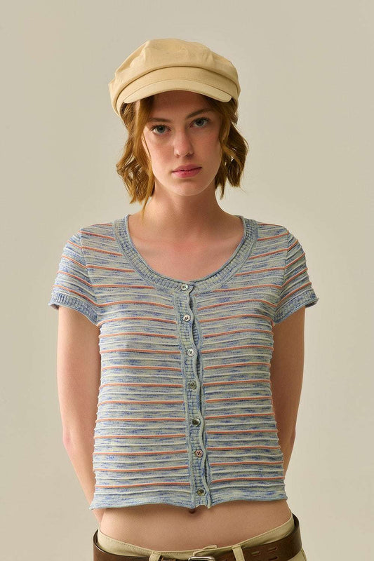 Buttoned Sweater In Blue Featuring Orange Stripes - T-shirts