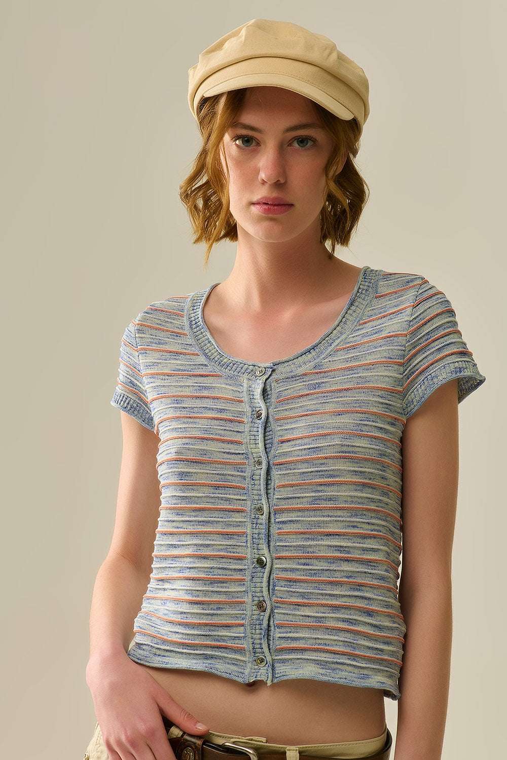 Buttoned Sweater In Blue Featuring Orange Stripes - T-shirts