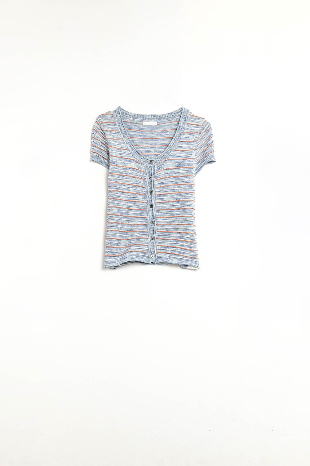 Buttoned Sweater In Blue Featuring Orange Stripes - T-shirts