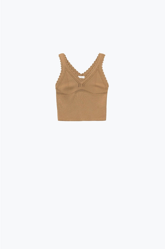 Camel Ribbed Knit Top with Scalloped V-Neck - Tops