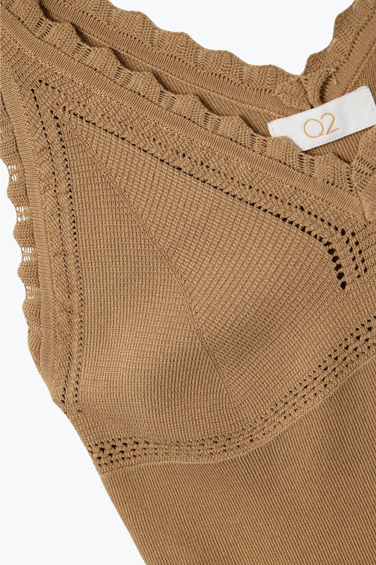 Camel Ribbed Knit Top with Scalloped V-Neck - Tops