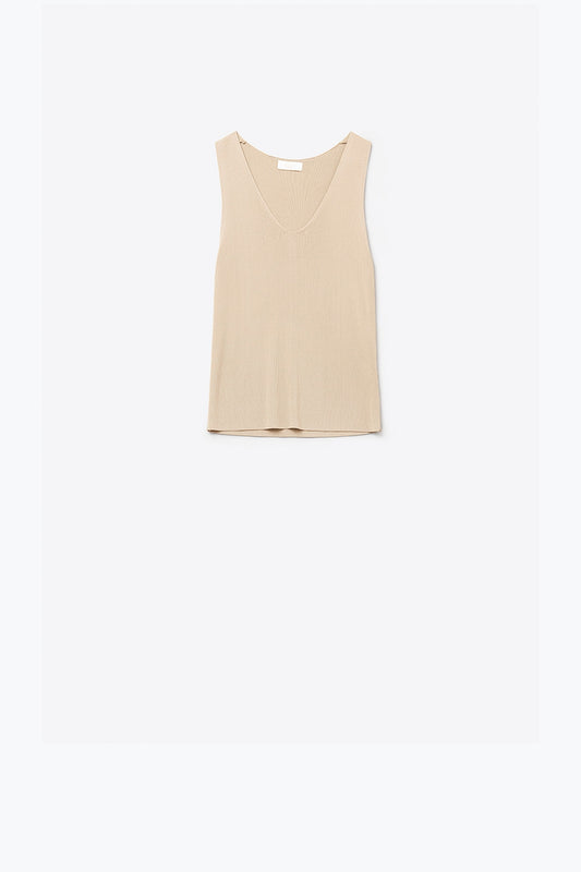 Camel sleeveless fine knitted top With V-Neck - Jumpers