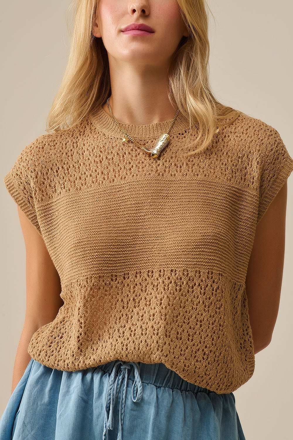 Camel sweater with soft open knit and dropped sleeves - Jumpers