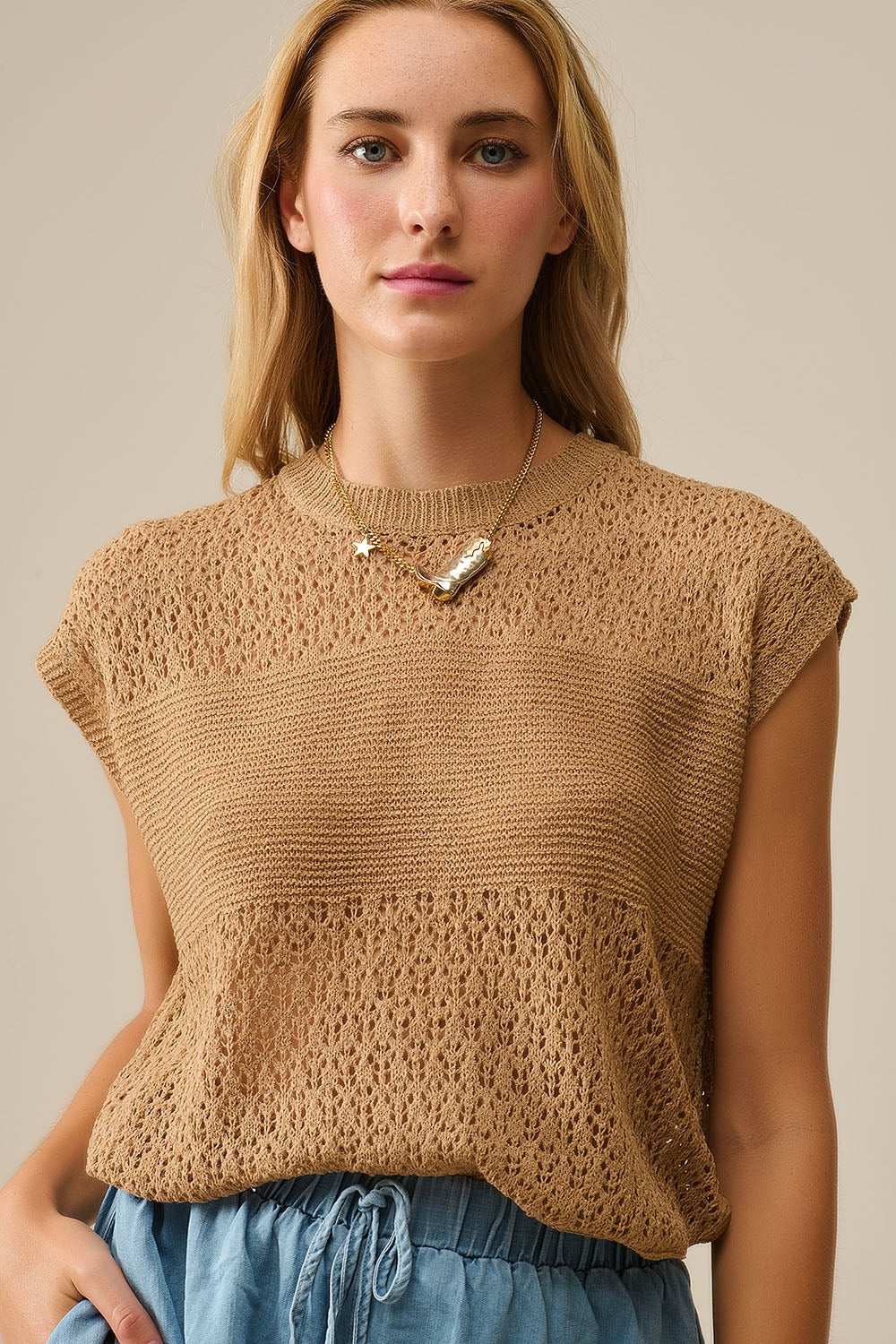 Camel sweater with soft open knit and dropped sleeves - Jumpers