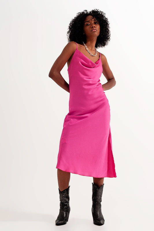 Cami midi slip dress in high shine satin in fuchsia - Dresses