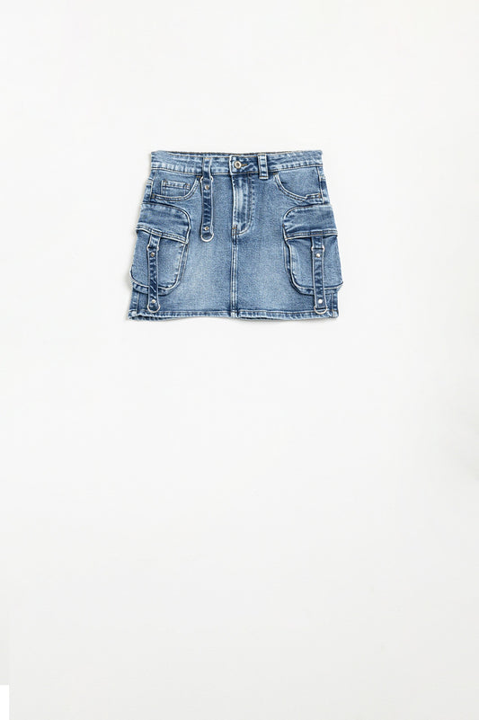 Q2 Cargo mini Denim Skirt with Hanging Details
