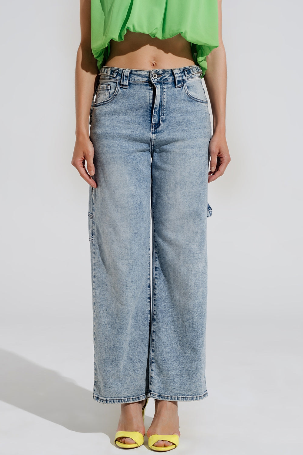 Cargo Style Bleached Jeans With Belt Like Strap Details At The Waist - Jeans
