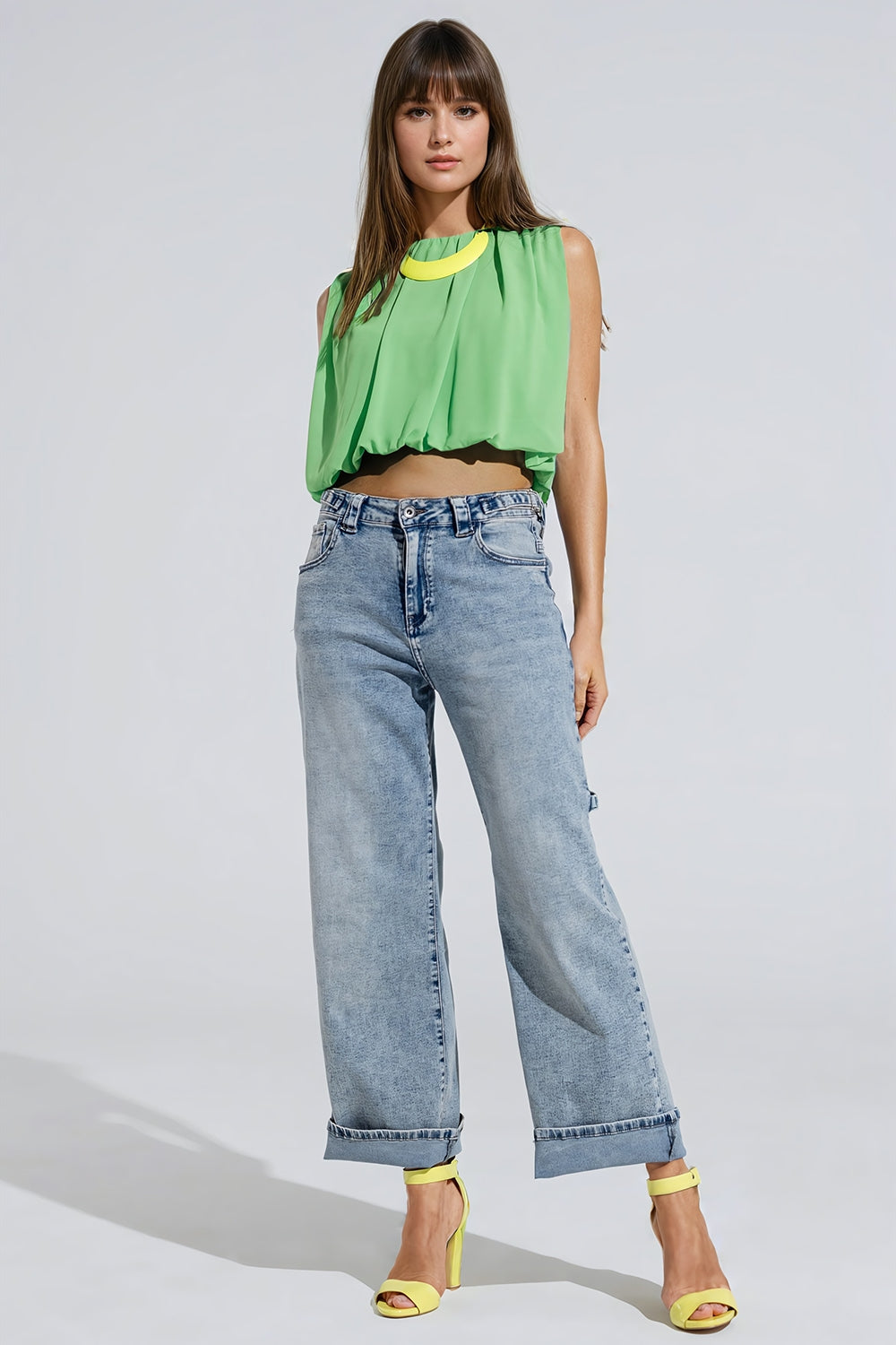 Cargo Style Bleached Jeans With Belt Like Strap Details At The Waist - Jeans