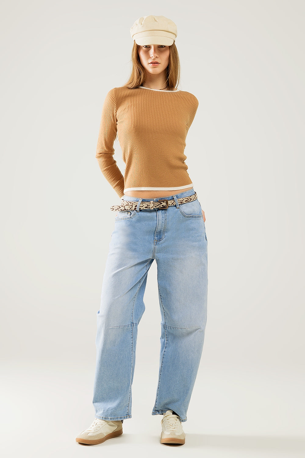 Casual camel Rib Swearer With white Trim detail - Jumpers