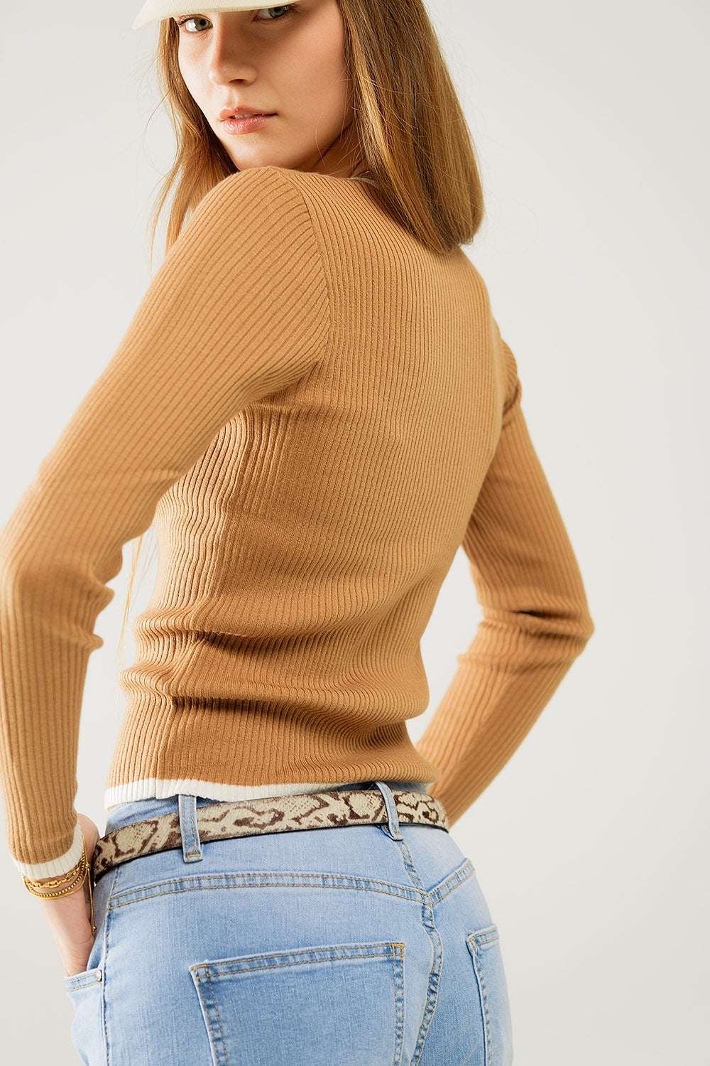Casual camel Rib Swearer With white Trim detail - Jumpers