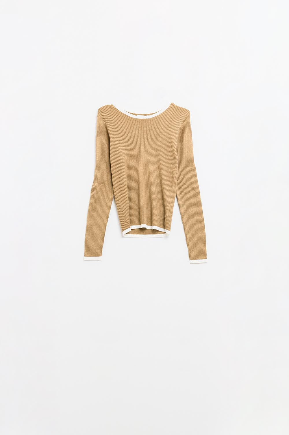 Casual camel Rib Swearer With white Trim detail - Jumpers