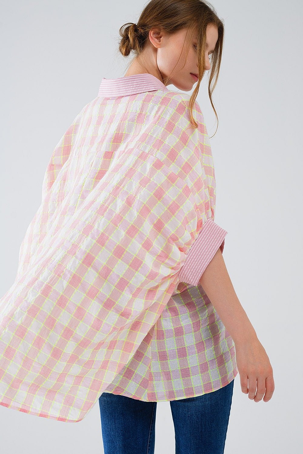 Check Print Short Sleeve Shirt in Pink and White - Shirts