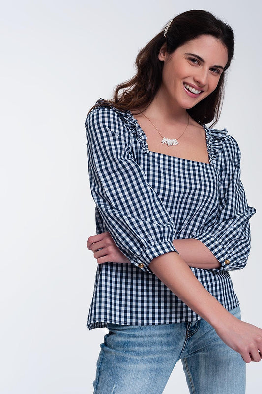 Check square neck top in navy - Tops