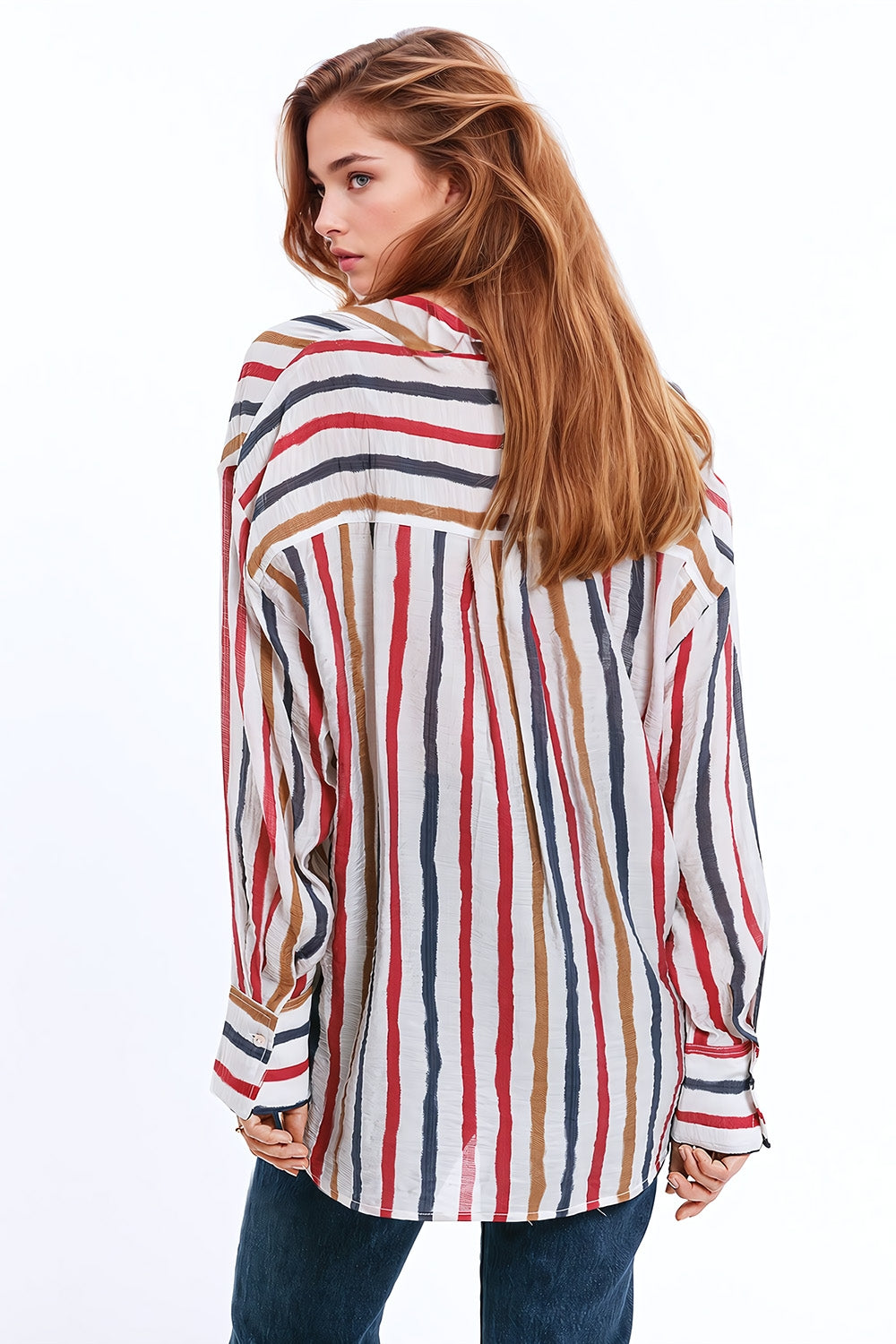 chiffon long sleeve shirt with multicolor stripes red and navy - Shirts