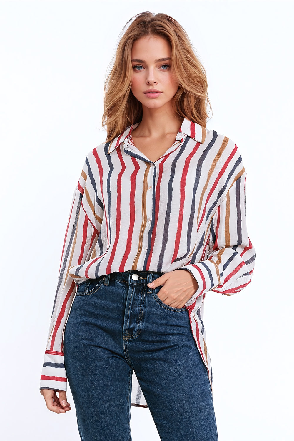 chiffon long sleeve shirt with multicolor stripes red and navy - Shirts