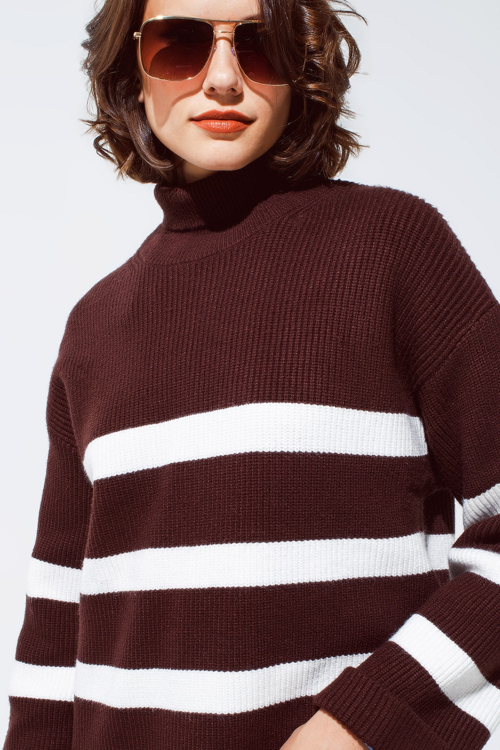 Chocolate Brown turtle neck sweater with white  stripes Q2 Sweaters BoutiqueLua