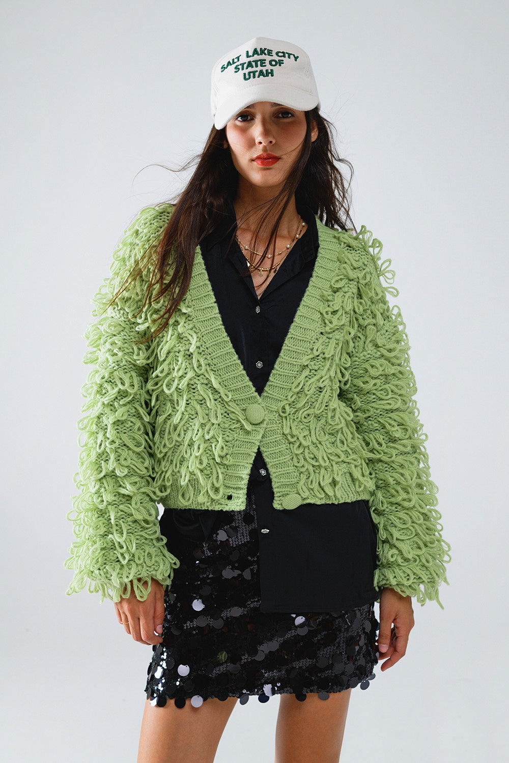 Chunky Textured Cardigan in Green with Long Fringe Q2 Coats and Jackets BoutiqueLua
