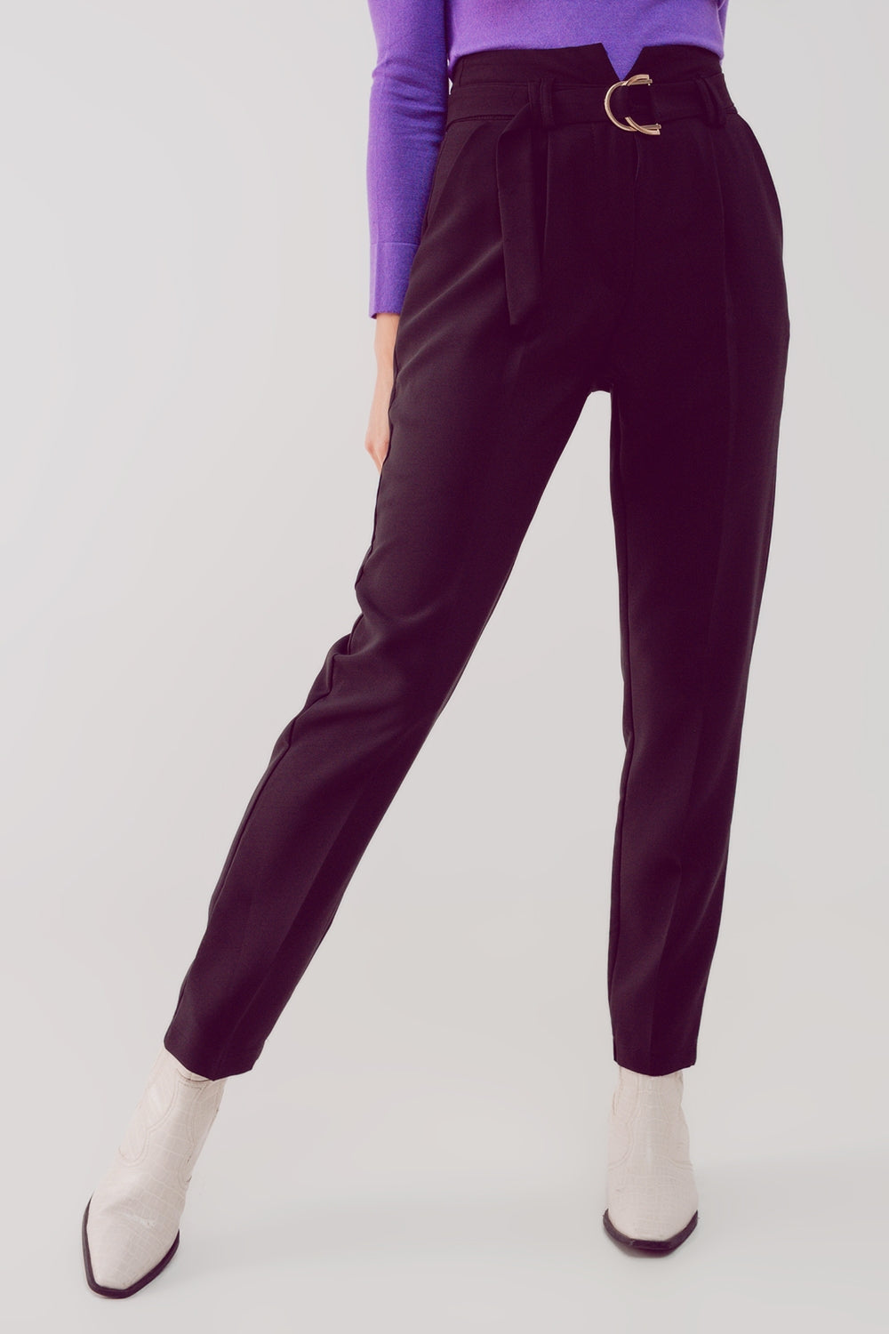 cigarette pants with paper-bag waist in black - Trousers