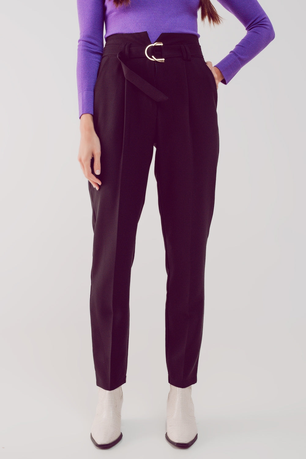 cigarette pants with paper-bag waist in black - Trousers