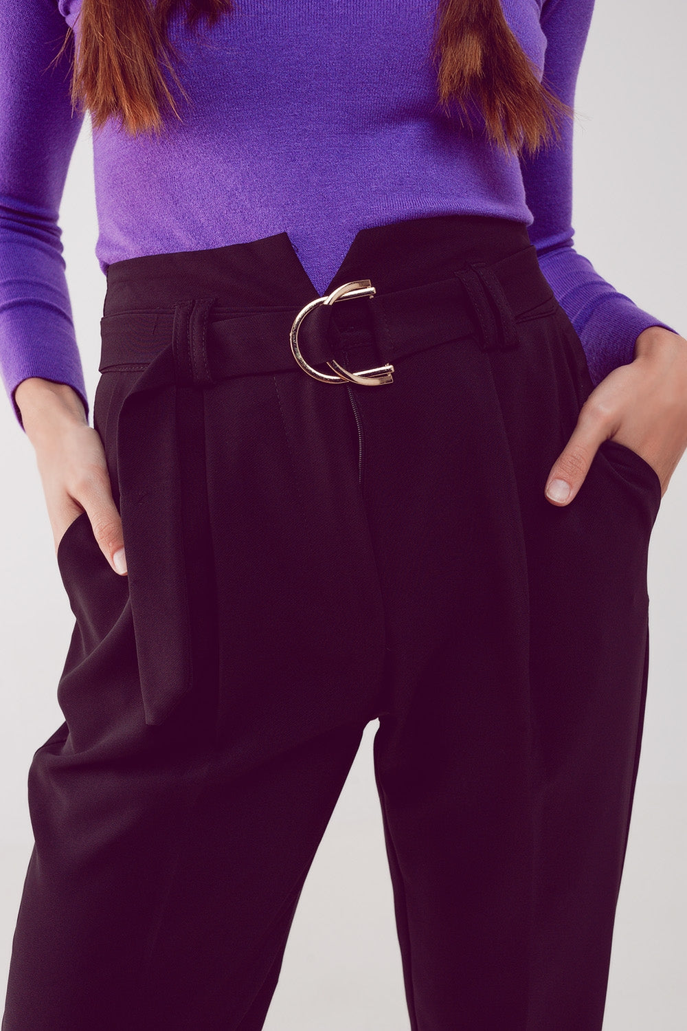 cigarette pants with paper-bag waist in black - Trousers