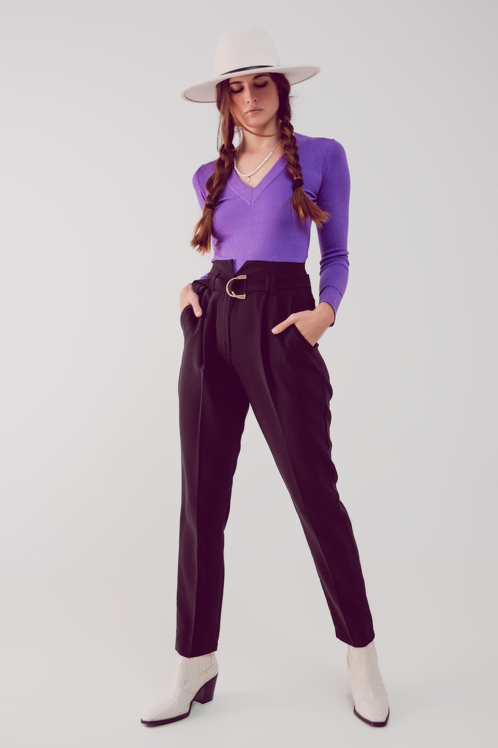 cigarette pants with paper-bag waist in black - Trousers