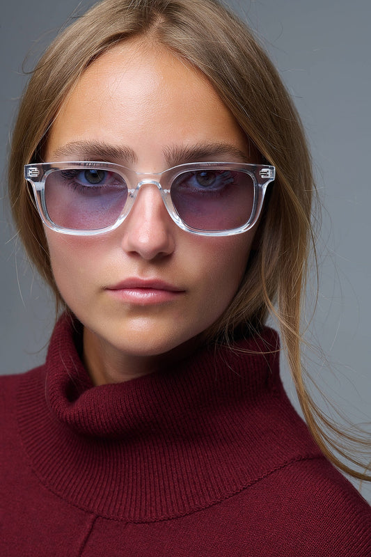 Clear Square Sunglasses with blue Gradient Lenses and metal side detail -