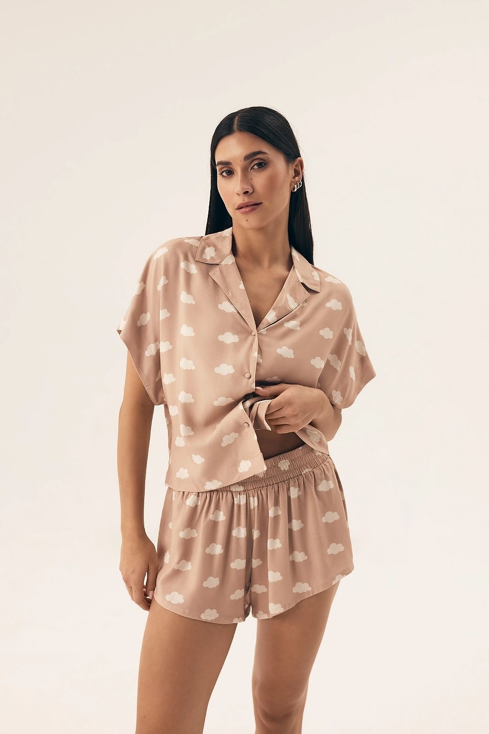 Cloud Print Shorts Pyjama Set In Beige beige - Pyjama Set