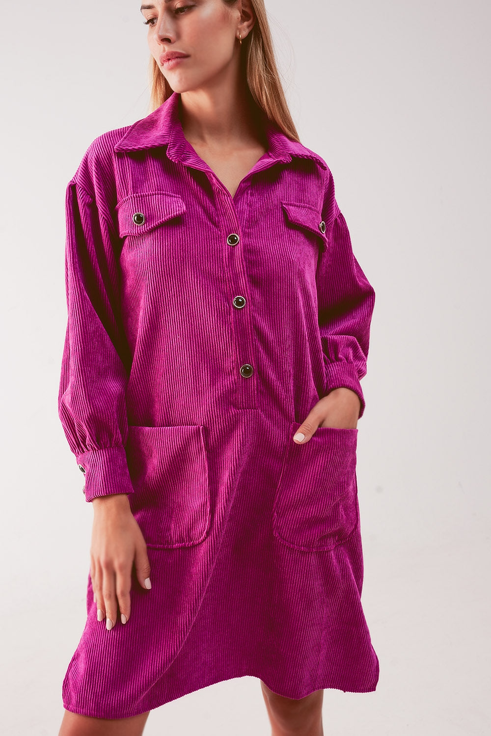 Cord mini shirt dress in fuchsia Q2 Dresses BoutiqueLua