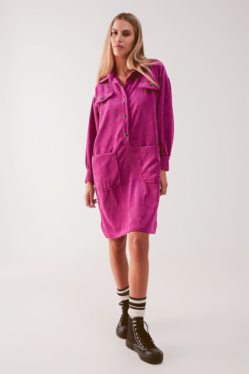 Cord mini shirt dress in fuchsia Q2 Dresses BoutiqueLua