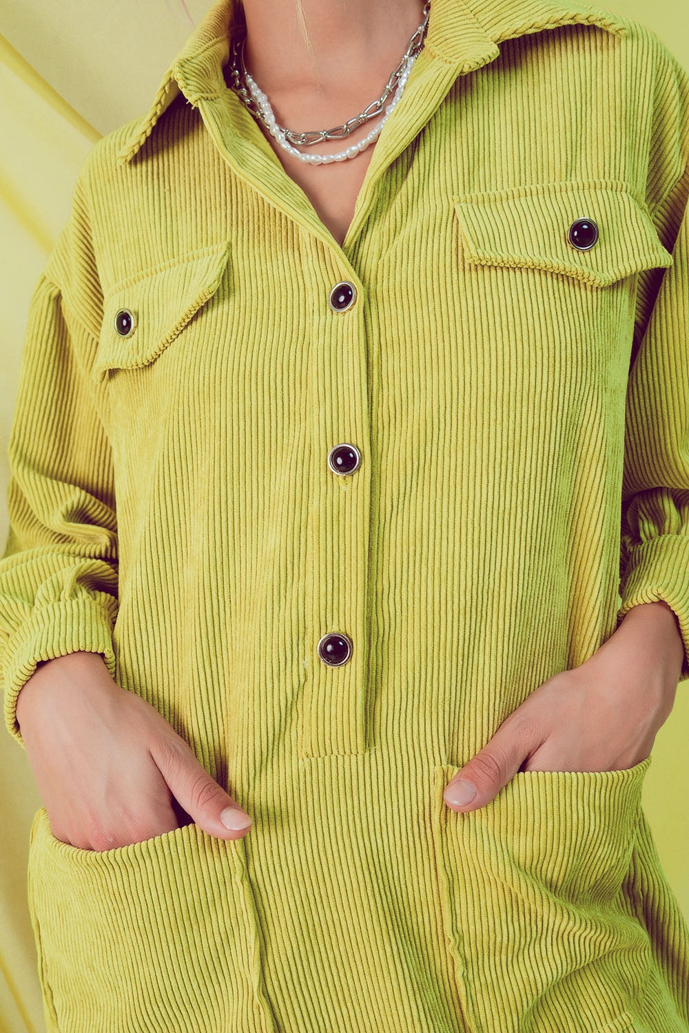 Cord mini shirt dress in lime Q2 Dresses BoutiqueLua
