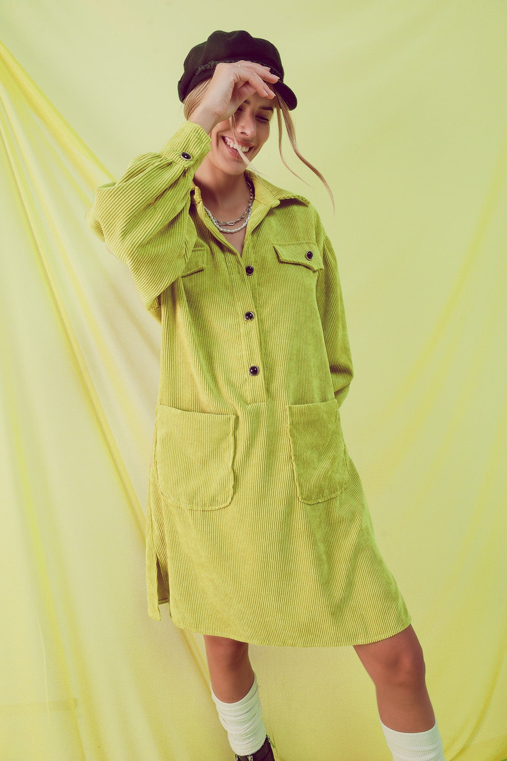 Cord mini shirt dress in lime Q2 Dresses BoutiqueLua