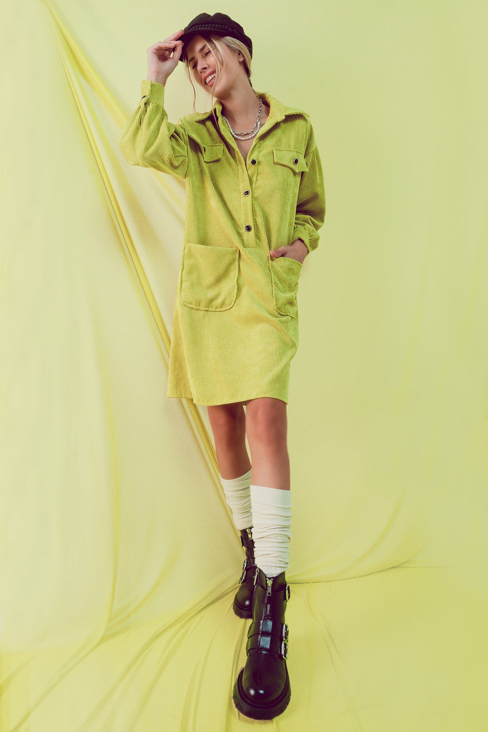 Cord mini shirt dress in lime Q2 Dresses BoutiqueLua