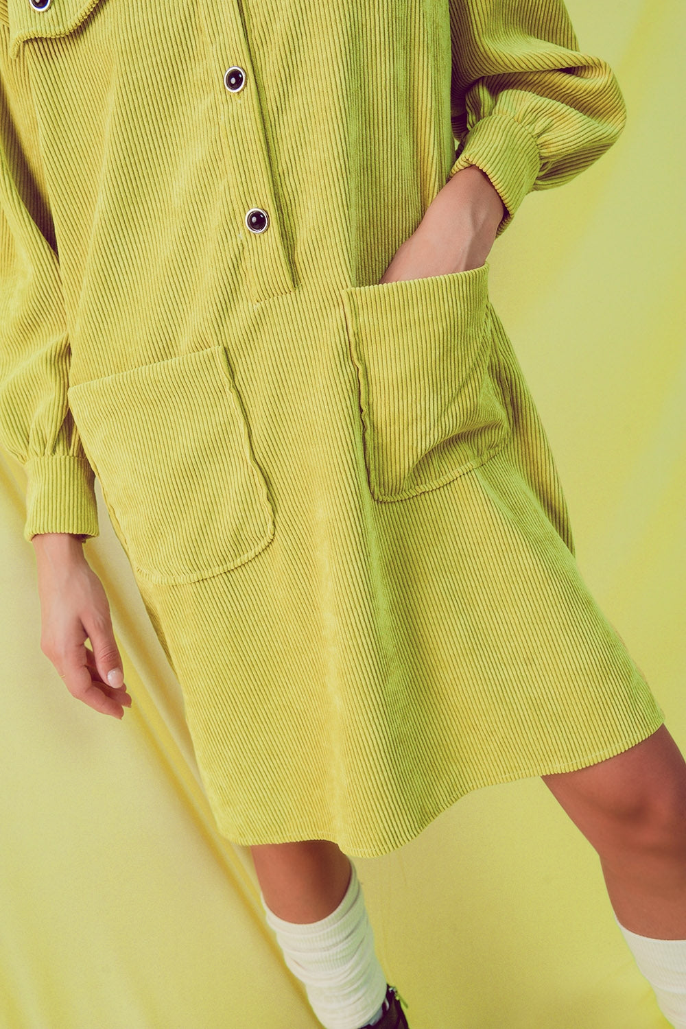 Cord mini shirt dress in lime Q2 Dresses BoutiqueLua