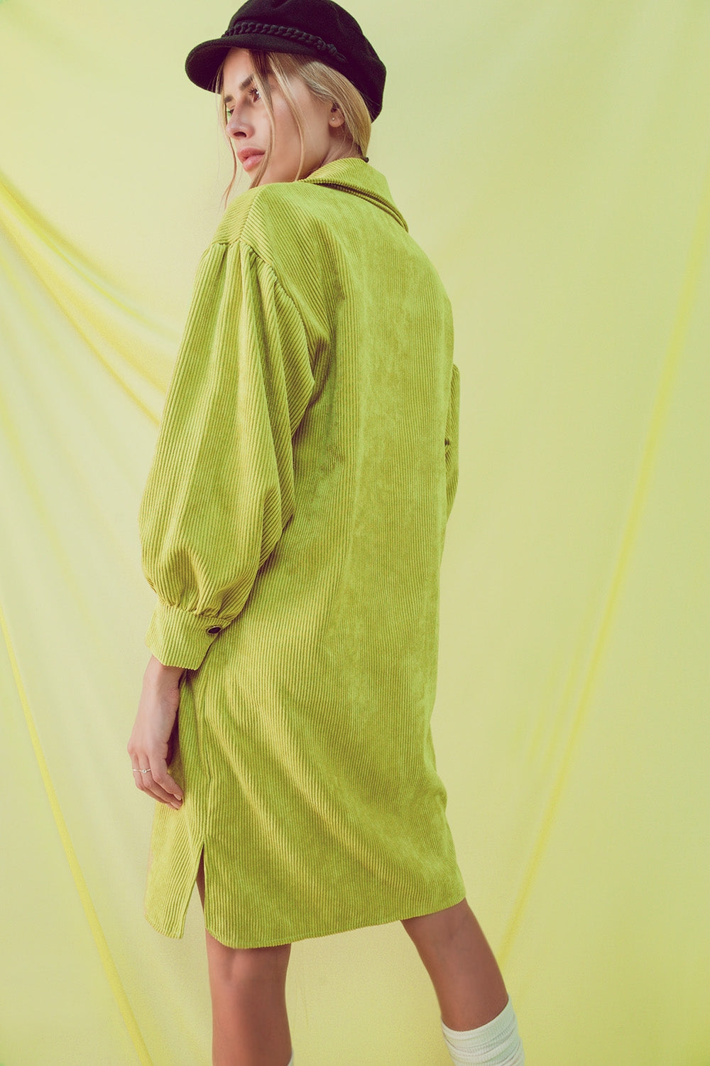 Cord mini shirt dress in lime Q2 Dresses BoutiqueLua